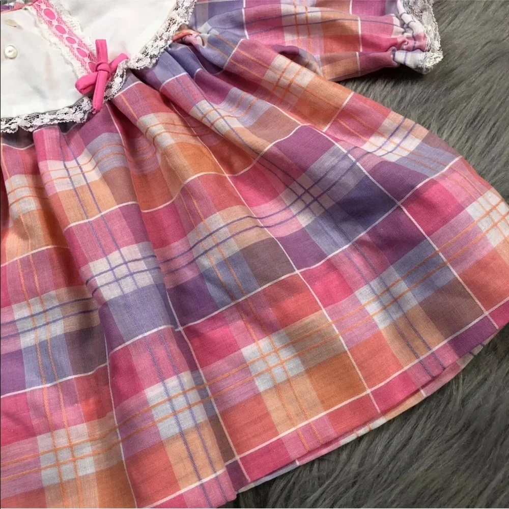 Vintage 60s Baby Girls Pink Orange Plaid Dress